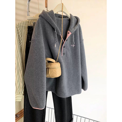 大码灰色颗粒绒宽松连帽卫衣女