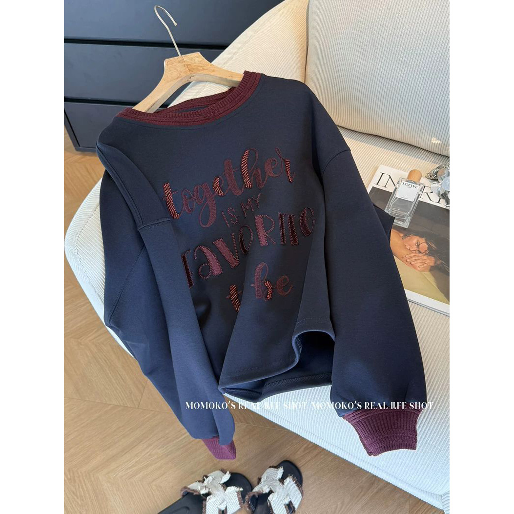 300斤大码慵懒风刺绣加绒卫衣女