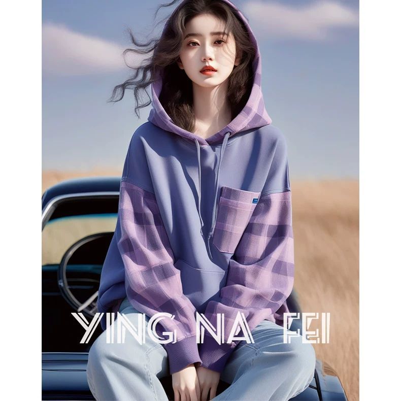 大码拼色格纹连帽卫衣女早春新款