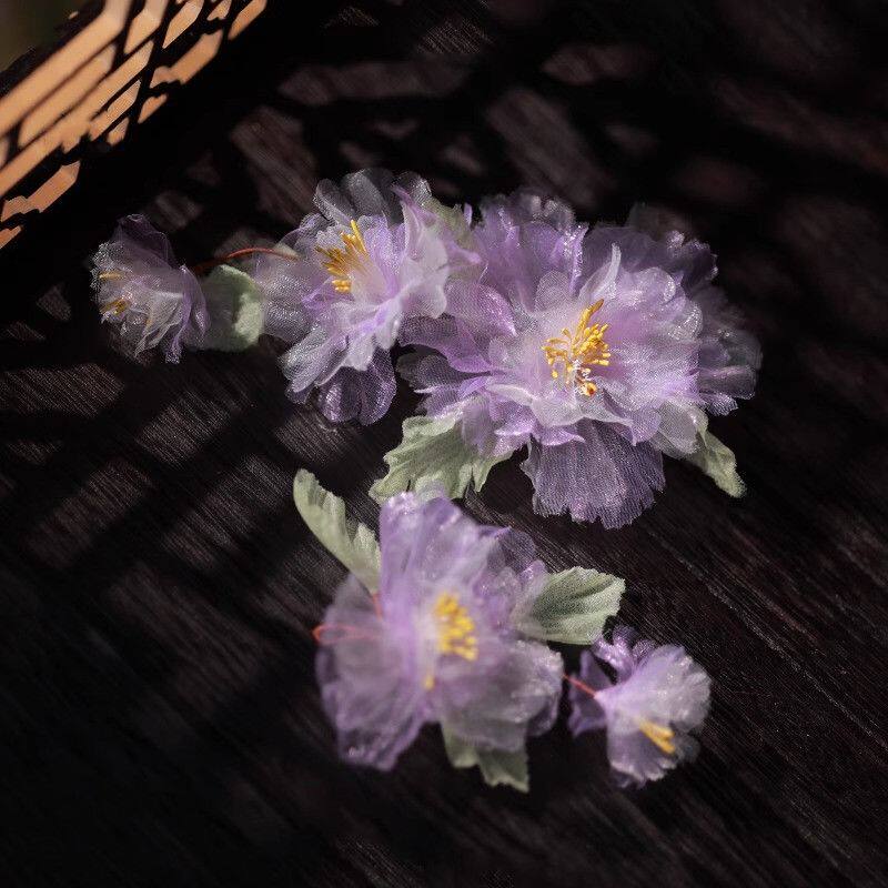 汉服花神头饰紫色芙蓉花发夹古风烫花发饰女绢花儿童对夹古装配饰