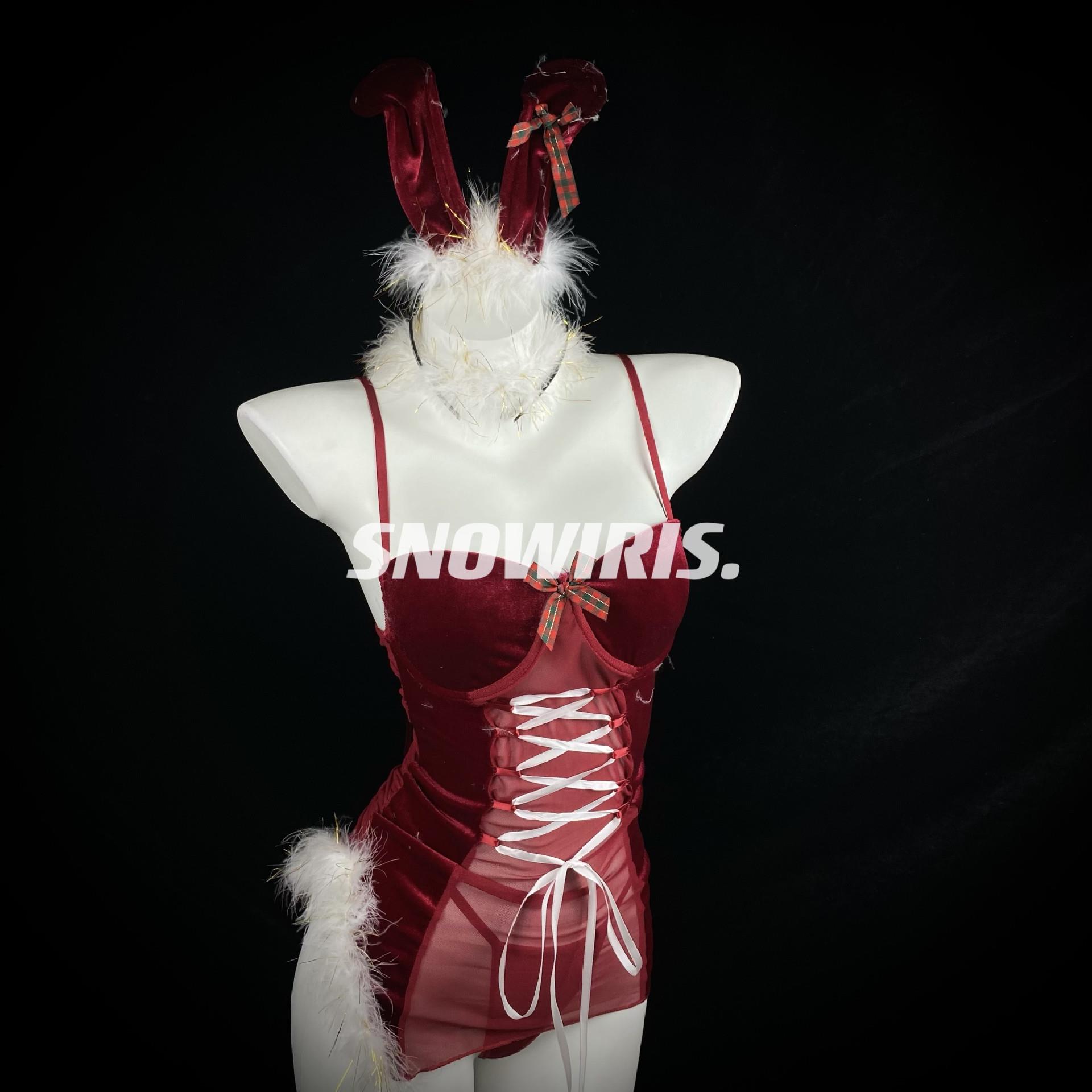 高级感内衣胸垫圣诞服制服套装性感露背丝绒透视网纱吊带睡衣套装