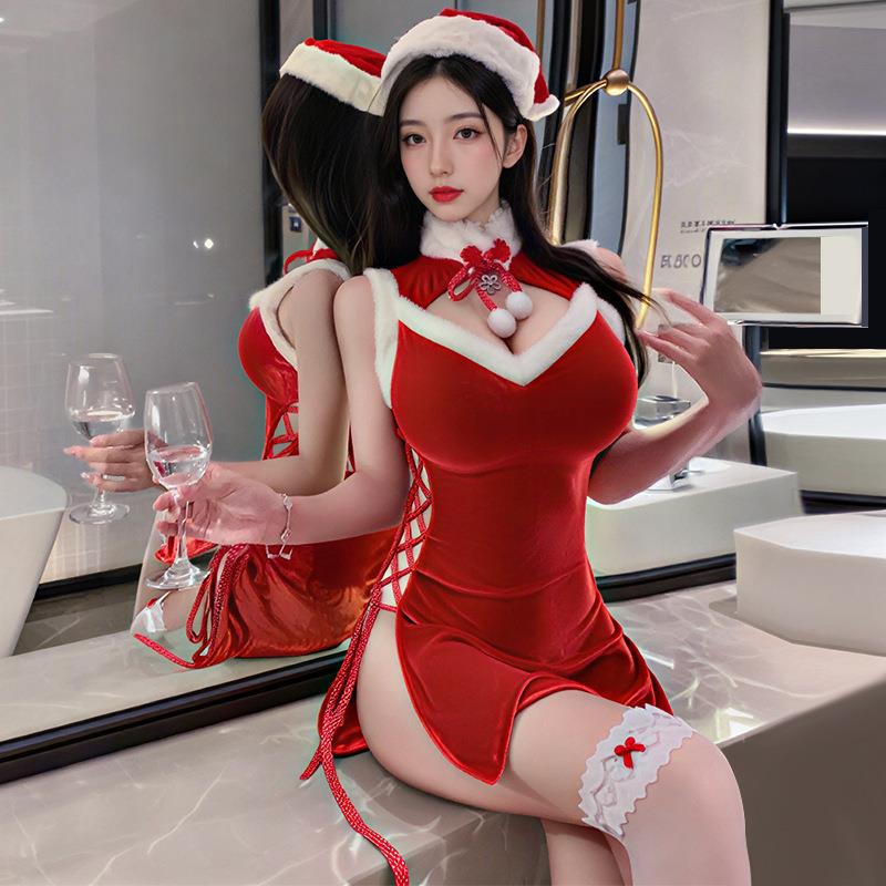 礼盒装圣诞套装绑带圣诞节服装女连帽侧开纯欲诱惑舞台表演内衣女