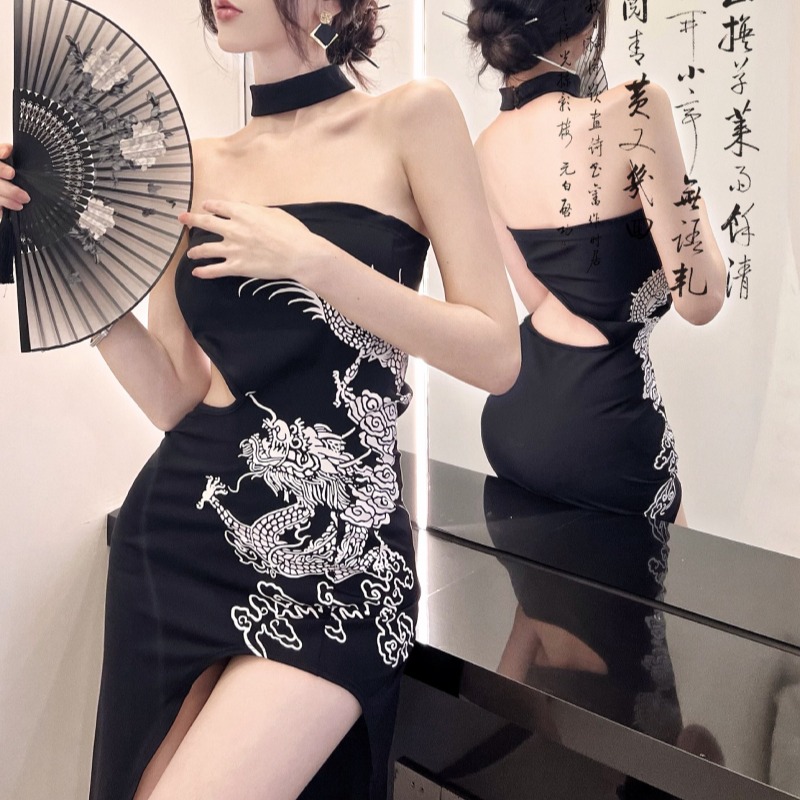 新中式辣妹龙纹镂空项圈连衣裙女夜店别致制服惊艳收腰性感裙子