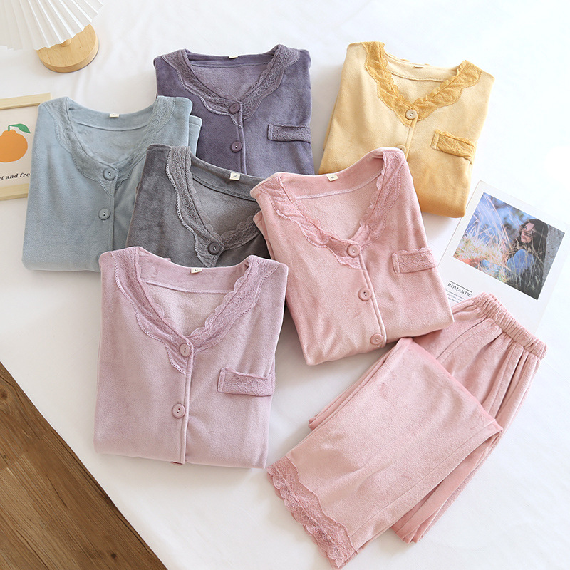 海岛绒睡衣女春秋薄绒加