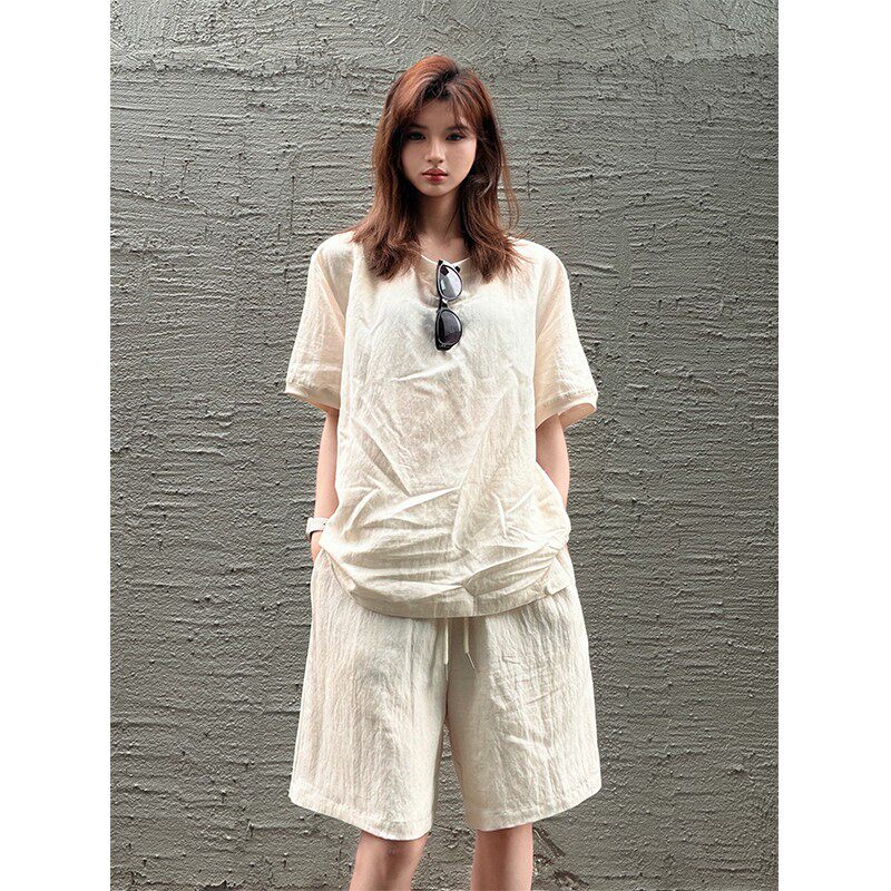 2026新款男士春夏老钱风混纺套装男款慵懒感一整套短袖T恤五分裤