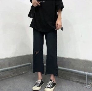 梨瘦流行身材九分阔夏腿的裤子超x破洞今年薄火女生型显裤款牛仔