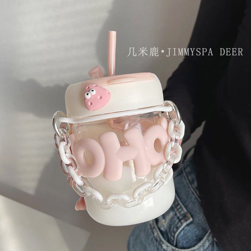 水杯女玻璃杯高颜值双饮咖啡杯便携式吸管杯子可爱新款2022牛奶杯