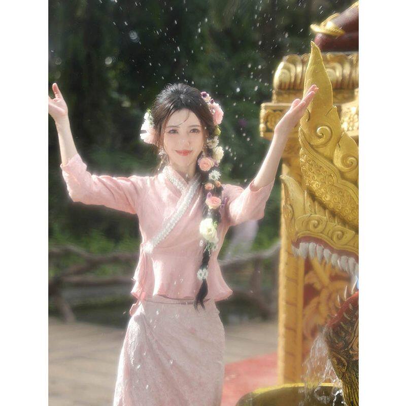 现货云南旅游穿搭西双版纳遮肉粉色套装连衣裙女装少数民族风夏季