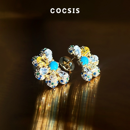 COCSIS 新款蜂蜜小花蛋面蓝松石立体水滴花朵耳钉耳夹