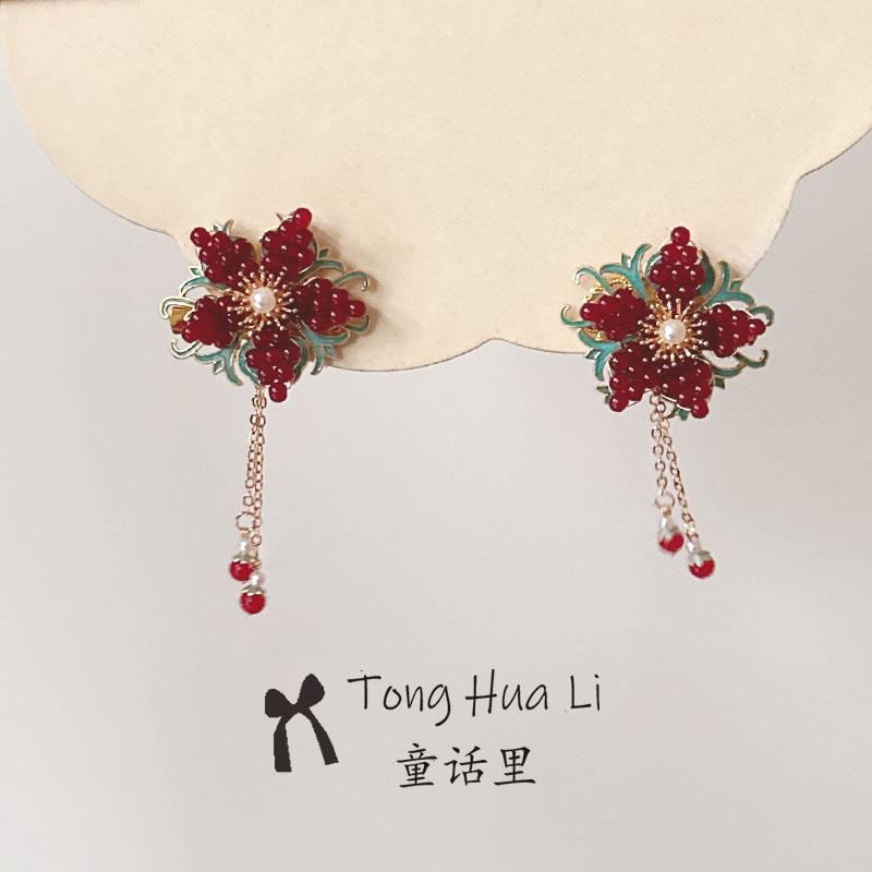 红色中国枫叶发饰梅花流苏发夹侧边后脑勺古风气质头饰旗袍夹子