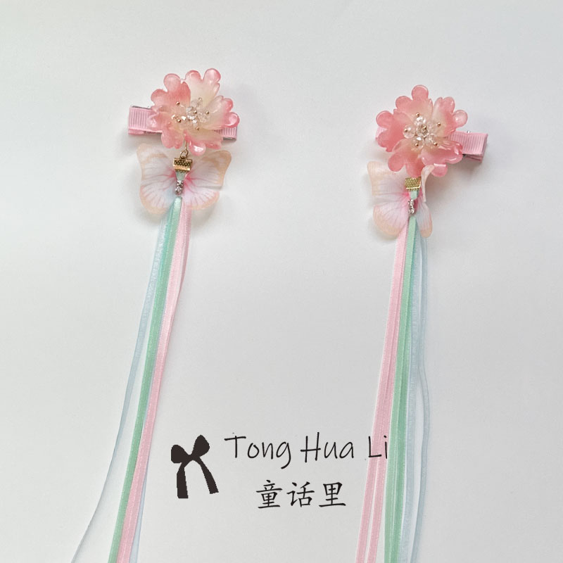 女童古风飘带配饰夹子粉色发带图片
