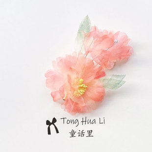 红色系烫花原创汉服配饰发夹古风头饰绢纱花朵仙气侧边刘海夹