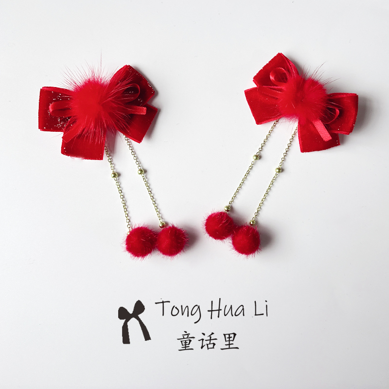 儿童发饰红色喜庆蝴蝶结对夹古风