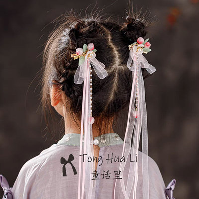 甜美可爱古风女童蜜桃飘带对夹