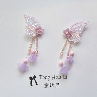 超仙蝴蝶对夹汉服头饰古装配饰娟纱飘带流苏发夹古风发饰女配饰