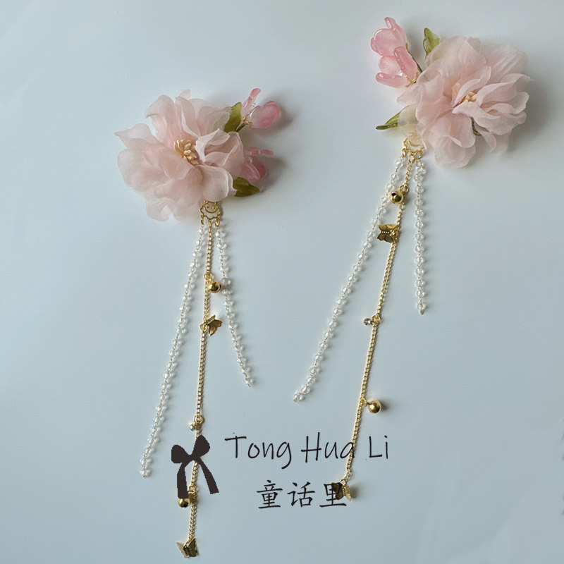 儿童原创汉服流苏发夹步瑶女童百搭古风边夹烫花海棠花头饰发饰