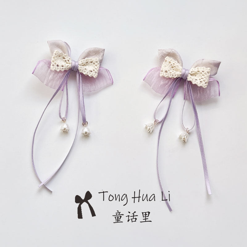 原创小清新飘带蝴蝶结蕾丝小公主后压仙气儿童发饰头饰顶夹配饰