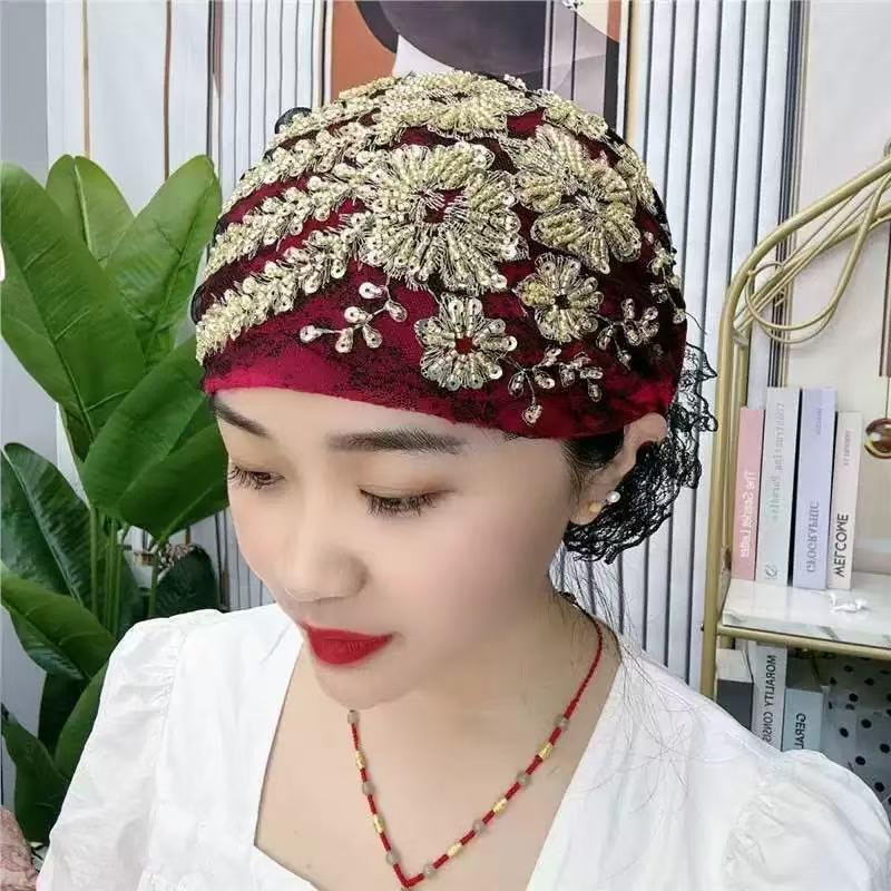 洋气百搭新款凤尾花盘花帽妈妈时尚头巾束发帽遮白发蕾丝包头厂家