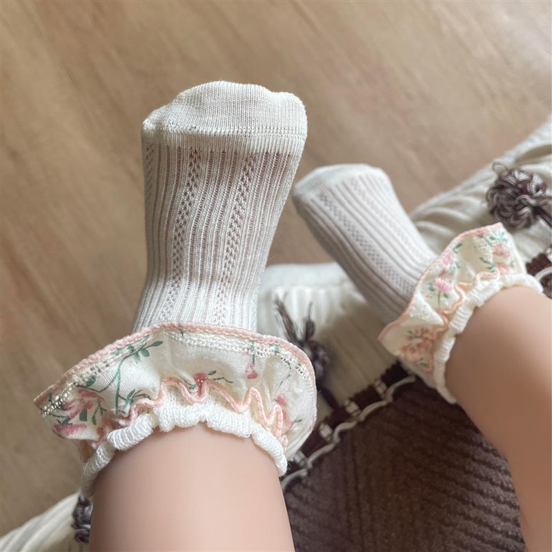 儿童袜子夏薄款婴儿女童宝宝纯色透气网眼袜蕾丝花边公主袜中厂家