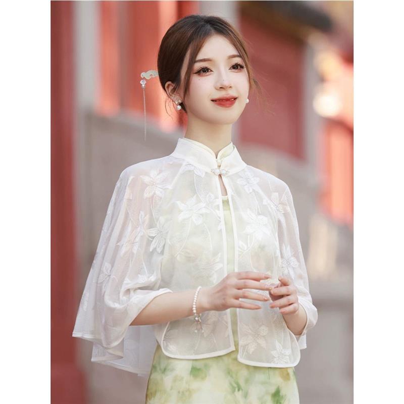 旗袍披肩女外搭开衫春秋洋气白色防晒披风斗篷中国风复古蕾丝厂家