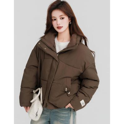 ROUMIKL复古咖色休闲立领短款服女2025冬季新款宽松加厚保暖面包