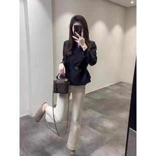 ROUMIKL超好看黑色V领短款西装外套女新款早秋季极简风收腰显瘦薄