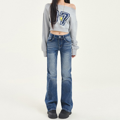 VMZM2025年春秋新款复古水洗蓝色直筒牛仔裤女高腰显瘦垂感拖地裤