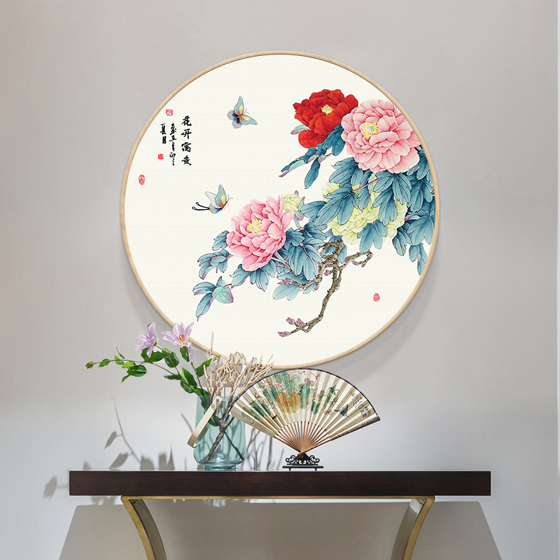 花开富贵牡丹图挂画国画玄关装饰画新中式中国风圆形
