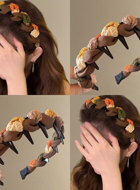 秋冬复古拼色布艺发箍缠绕带齿防滑头箍高颅顶日常外戴发卡头饰女