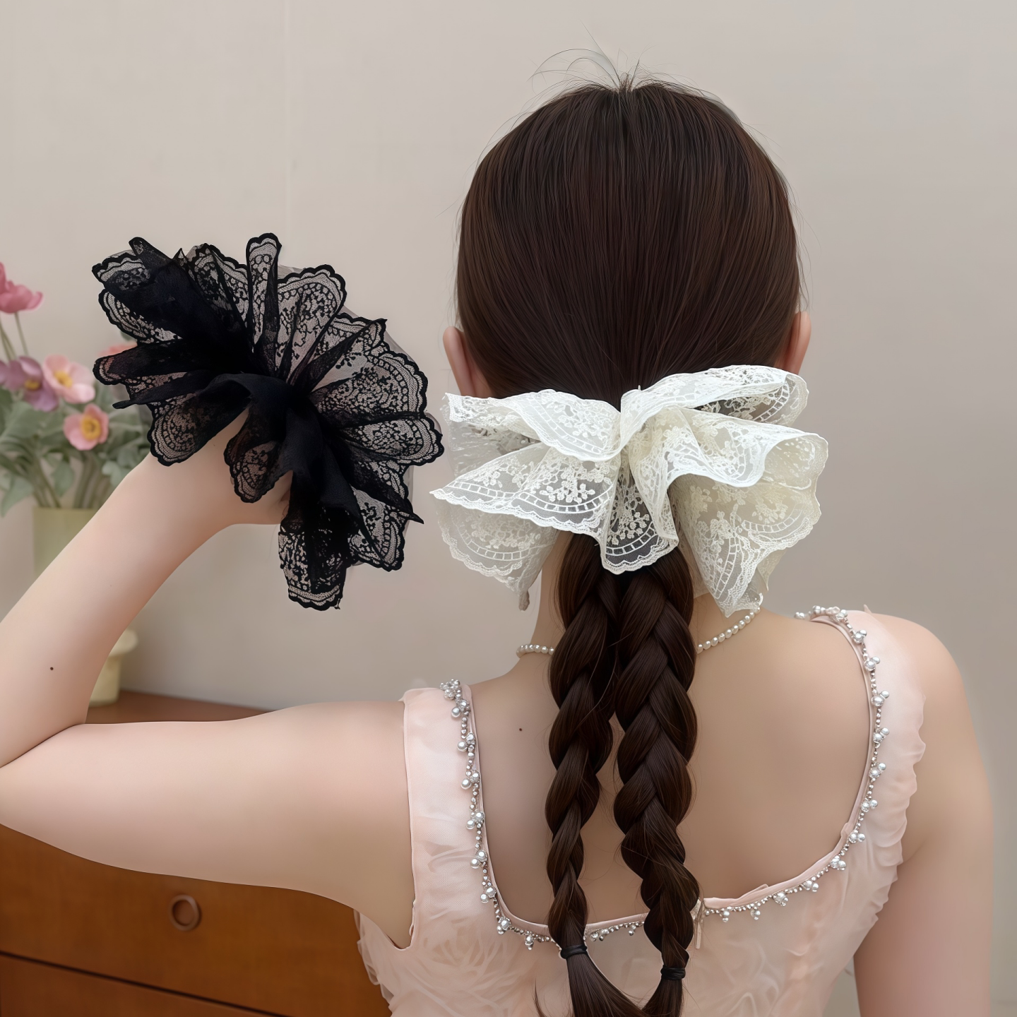 韩系双层蕾丝裙摆半圆头花发圈女高级感扎头皮筋头绳仙气发绳头饰