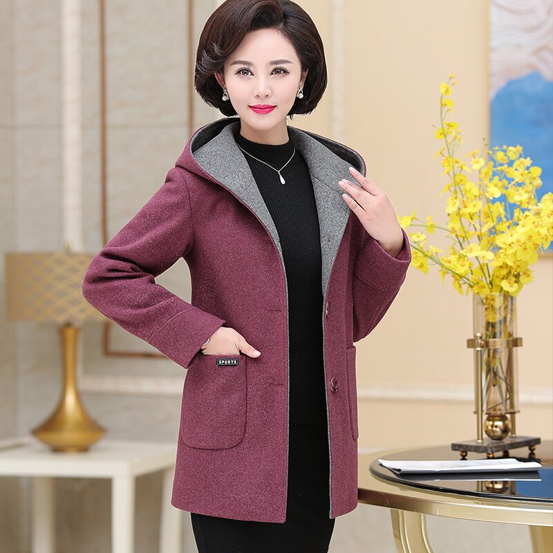 中老年女装秋冬时尚毛呢外套胖妈妈装连帽中长款大码冬装呢子大衣