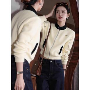 JOYIASS韩里韩气米白色拉炼短款外套女款秋季新款休闲通勤外搭夹