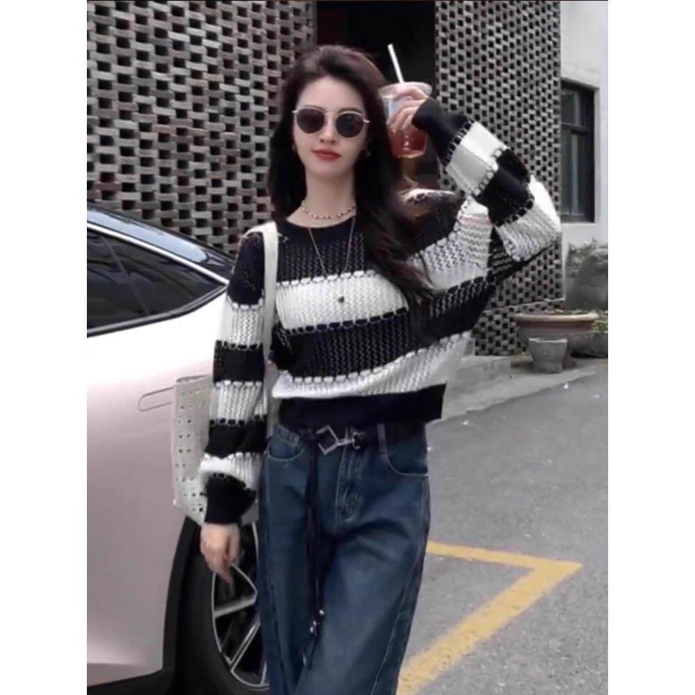 JOYIASS黑白条纹短款镂空针织衫毛衣女早秋新款氛围感宽松显瘦套