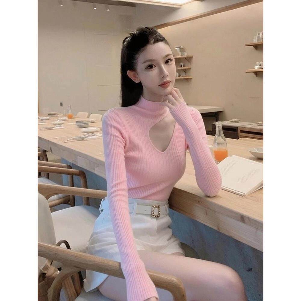 JOYIASS轻熟风粉色不规则镂空针织衫长袖女早秋季新款修身显瘦打