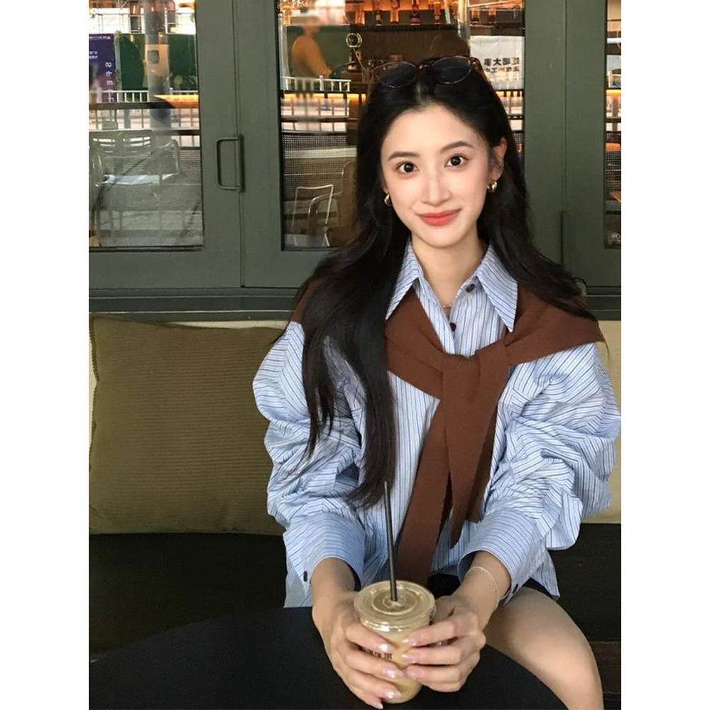 JOYIASS慵懒风竖条纹带披肩长袖衬衫女早秋新款小个子休闲宽松叠