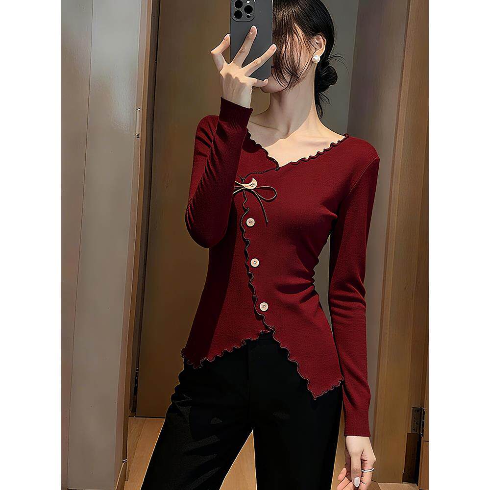 JOYIASS酒红色V领木耳边不规则针织衫长袖女秋季新款法式气质高级