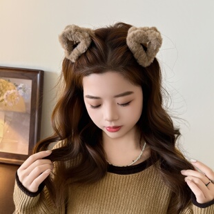 可爱毛绒猫耳朵抓夹女秋冬毛茸茸小发夹女前额刘海夹侧边夹子头饰