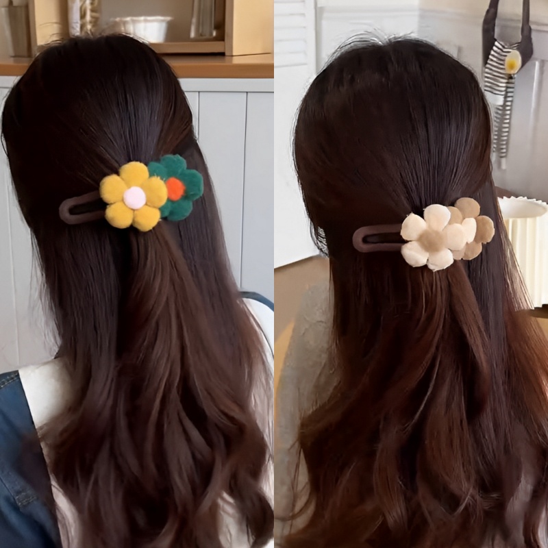 秋冬毛绒花朵发夹女2024新款后脑勺盘发一字抓夹大号鸭嘴夹子头饰