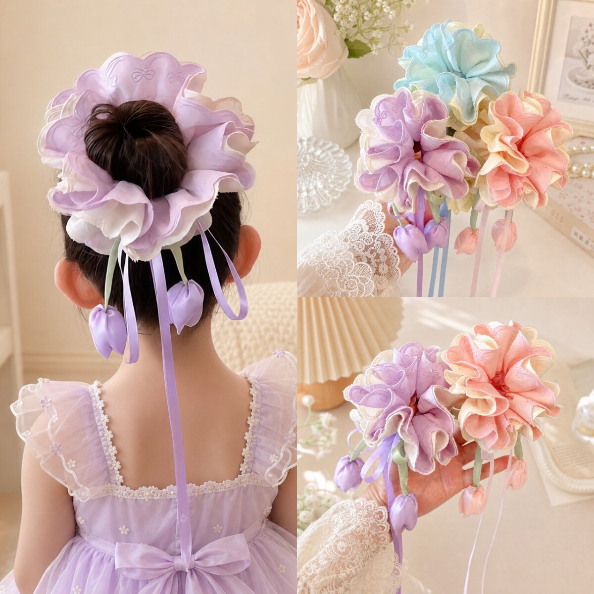 儿童可爱郁金香花朵飘带大肠发圈