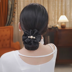 黑色花朵珍珠丸子头抓夹女秋冬饱满后脑勺盘发发夹低马尾夹子头饰