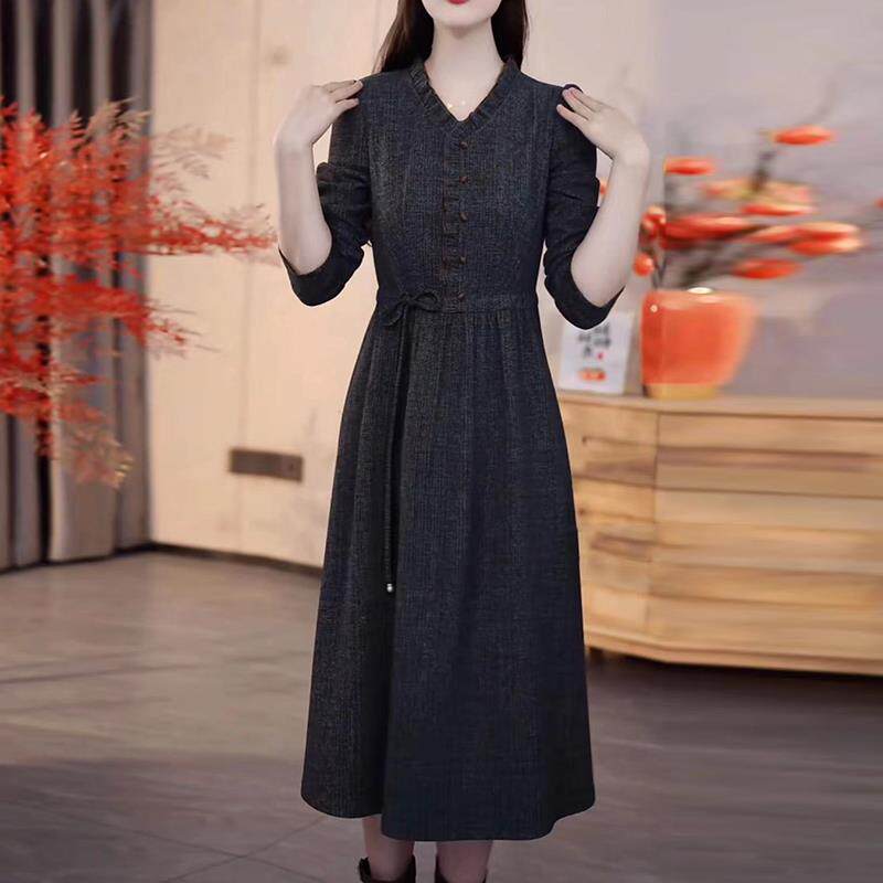 JOYIASS端庄气质磨毛精纺秋季连衣裙厚实胖妈妈收腰显瘦时尚洋气