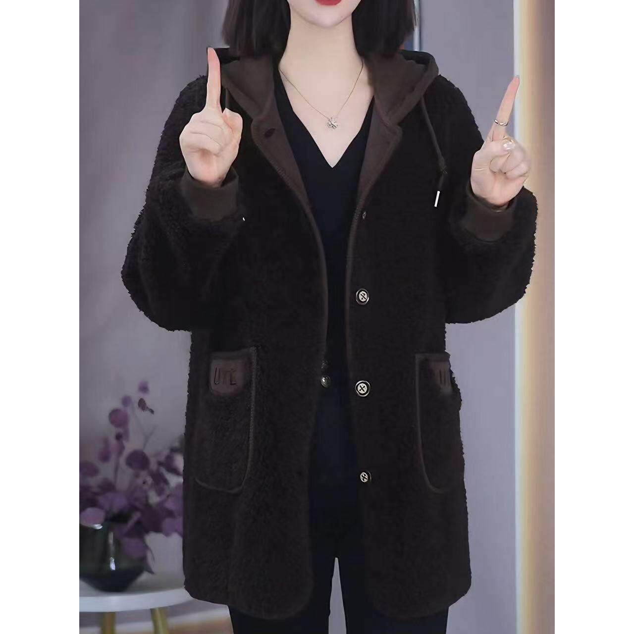 JOYIASS2025秋冬皮毛一体羊羔毛连帽外套女大码宽松洋气妈妈加厚