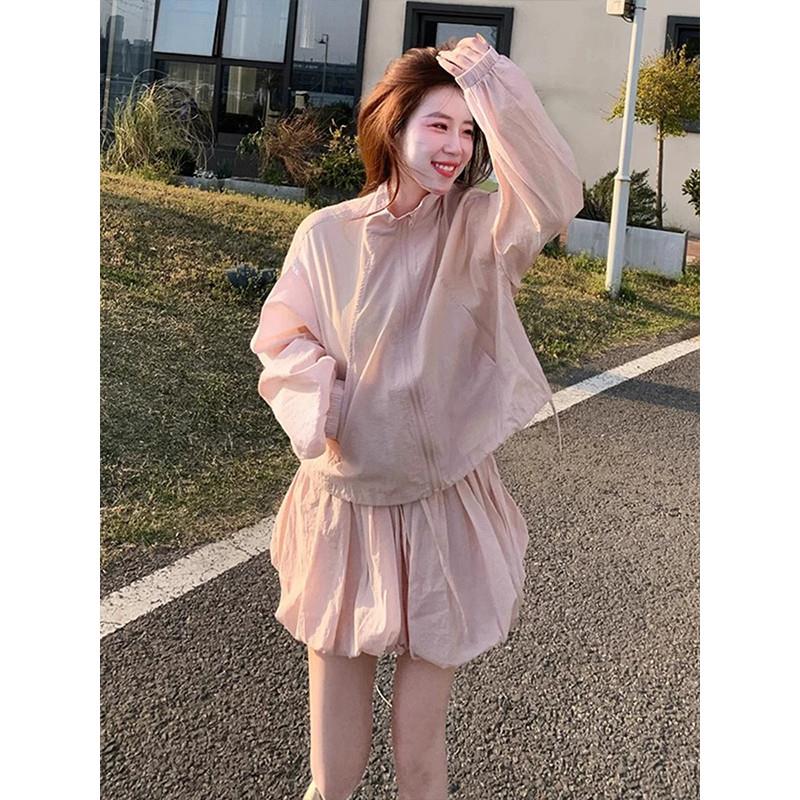 BLLOUKE2025初夏日多巴胺微胖粉色防晒衫穿搭配一整套花苞裙子两
