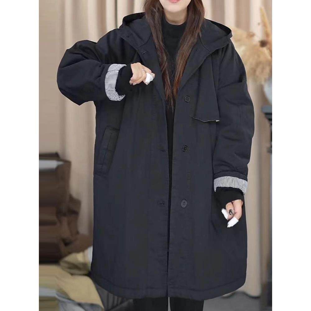 JOYIASS中长款休闲加加厚风衣外套女秋冬季新款胖妹妹宽松显瘦服