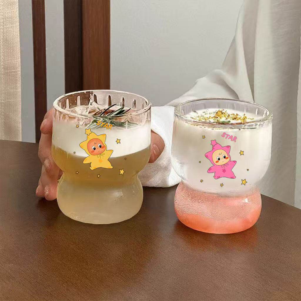 可爱印花玻璃杯家用牛奶咖啡杯办公室高颜值奶盖饮料杯早餐杯水杯