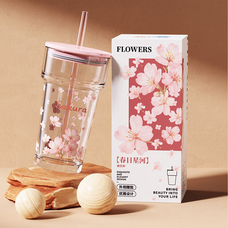 高颜值玻璃水杯2026新款吸管杯家用大容量便携果汁杯ins风咖啡杯