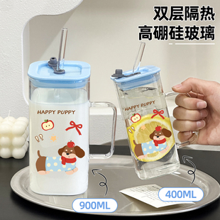 高颜值玻璃水杯带盖吸管杯卡通学生杯子女新款 夏季 2025耐热饮料杯