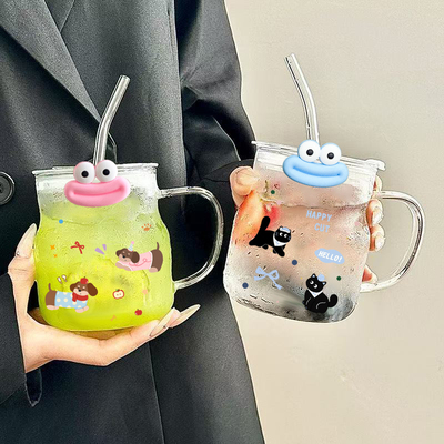 杯子女新款2024高颜值夏季玻璃杯大容量带盖水杯可爱果汁杯吸管杯