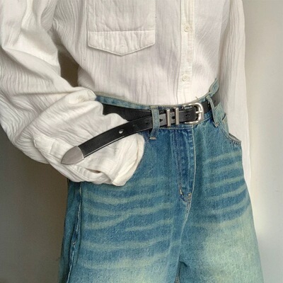 GW头层牛皮腰带百搭银扣复古中性风皮带配牛仔裤休闲裤腰带男女款