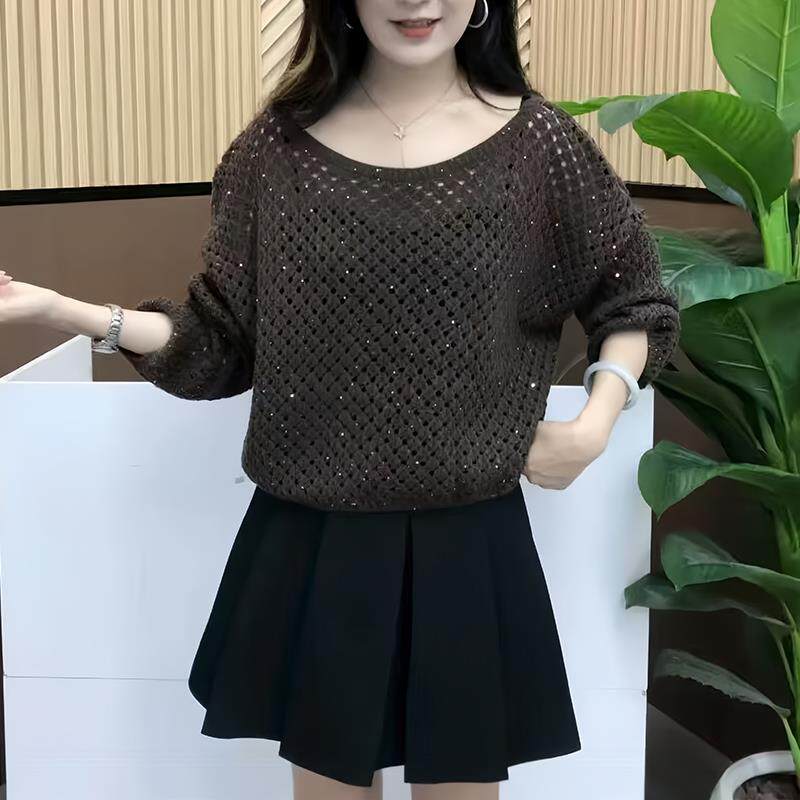 JOYIASS简约风高端外穿长袖镂空针织衫女2025秋季新款设计感纯色